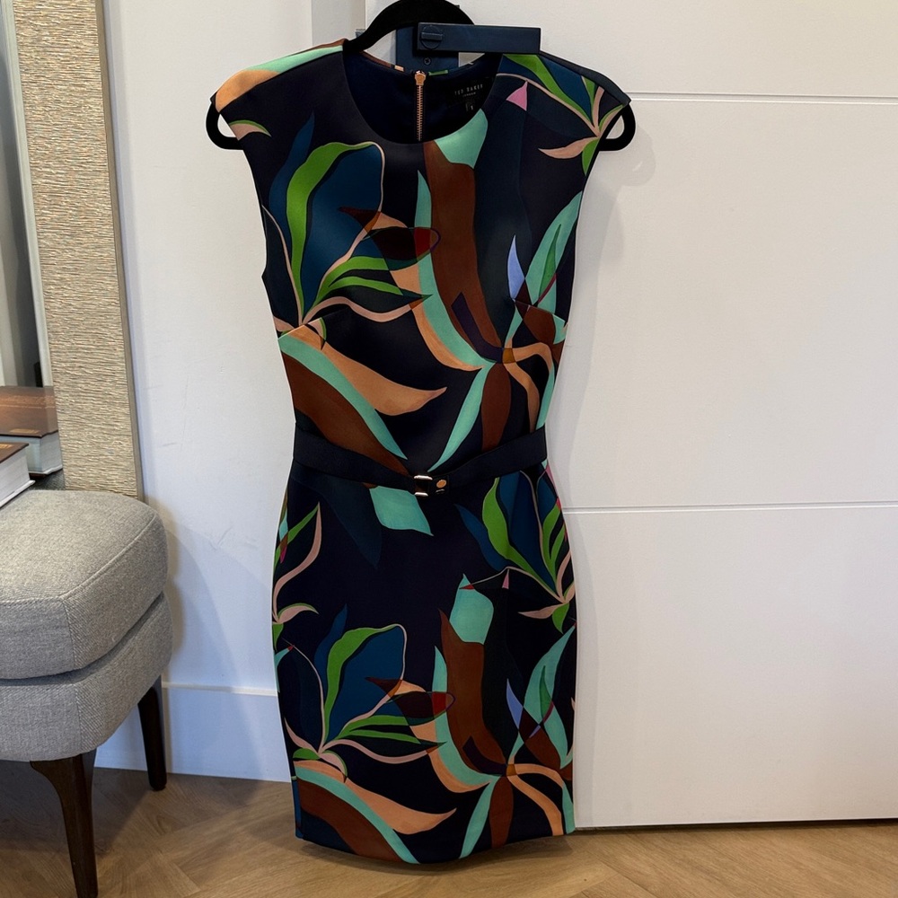 Ted Baker Navy and Green Patterned Midi Dress